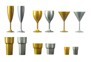 Remedy Polycarbonate Gold and Silver Complete Party Drinkware Set with 6X Champagne Flutes, 6X Wine Glasses, 6X Martini Glasses, 6X Hiball Tumblers, 6X Short Tumblers and 6X Shot Glasses (Set of 36)