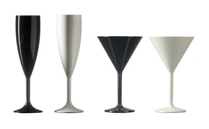Premium Polycarbonate Black and White Party Drinkware Set with 24x Champagne Flutes and 24x Martini Glasses (Set of 48)