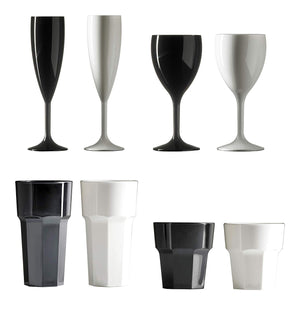 Remedy Polycarbonate Black and White Party Drinkware Set with 24x Champagne Flutes, 24x Wine Glasses, 24x Hiball Tumblers and 24x Short Tumblers (Set of 96)