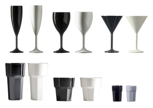 Remedy Polycarbonate Black and White Complete Party Drinkware Set with 6X Champagne Flutes, 6X Wine Glasses, 6X Martini Glasses, 6X Hiball Tumblers, 6X Short Tumblers and 6X Shot Glasses (Set of 36)